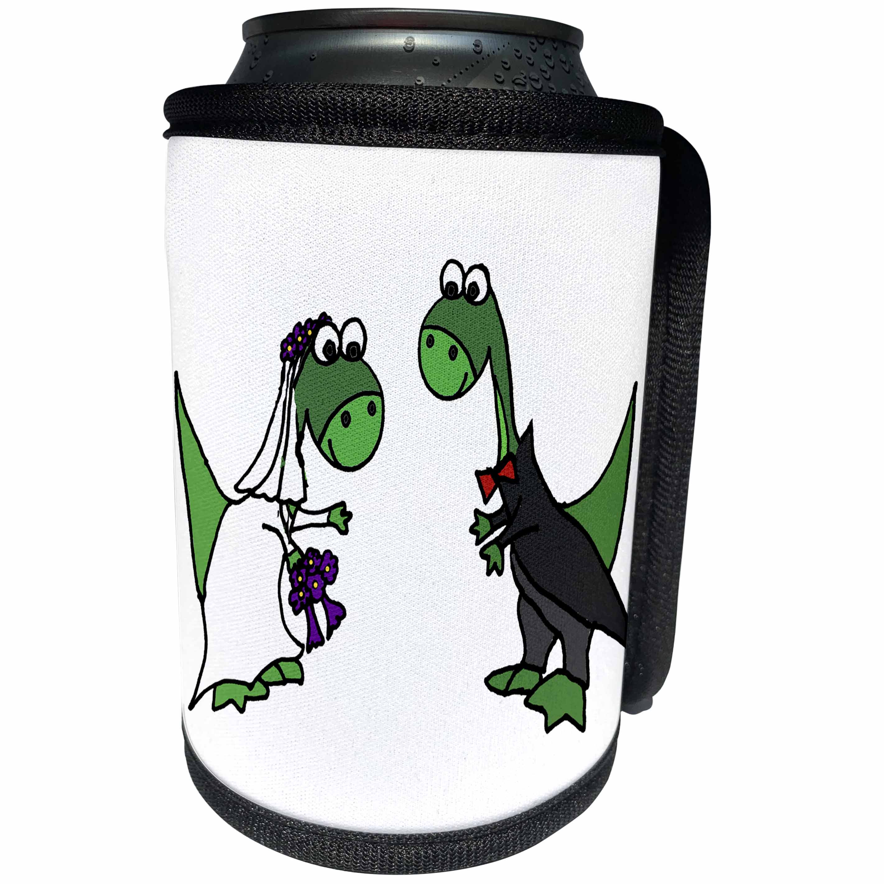 3dRose All Smiles Art Love - Funny Cute Brontosaurus Bride and Groom Dinosaur Wedding - Can Cooler Bottle Wrap (cc_260904)