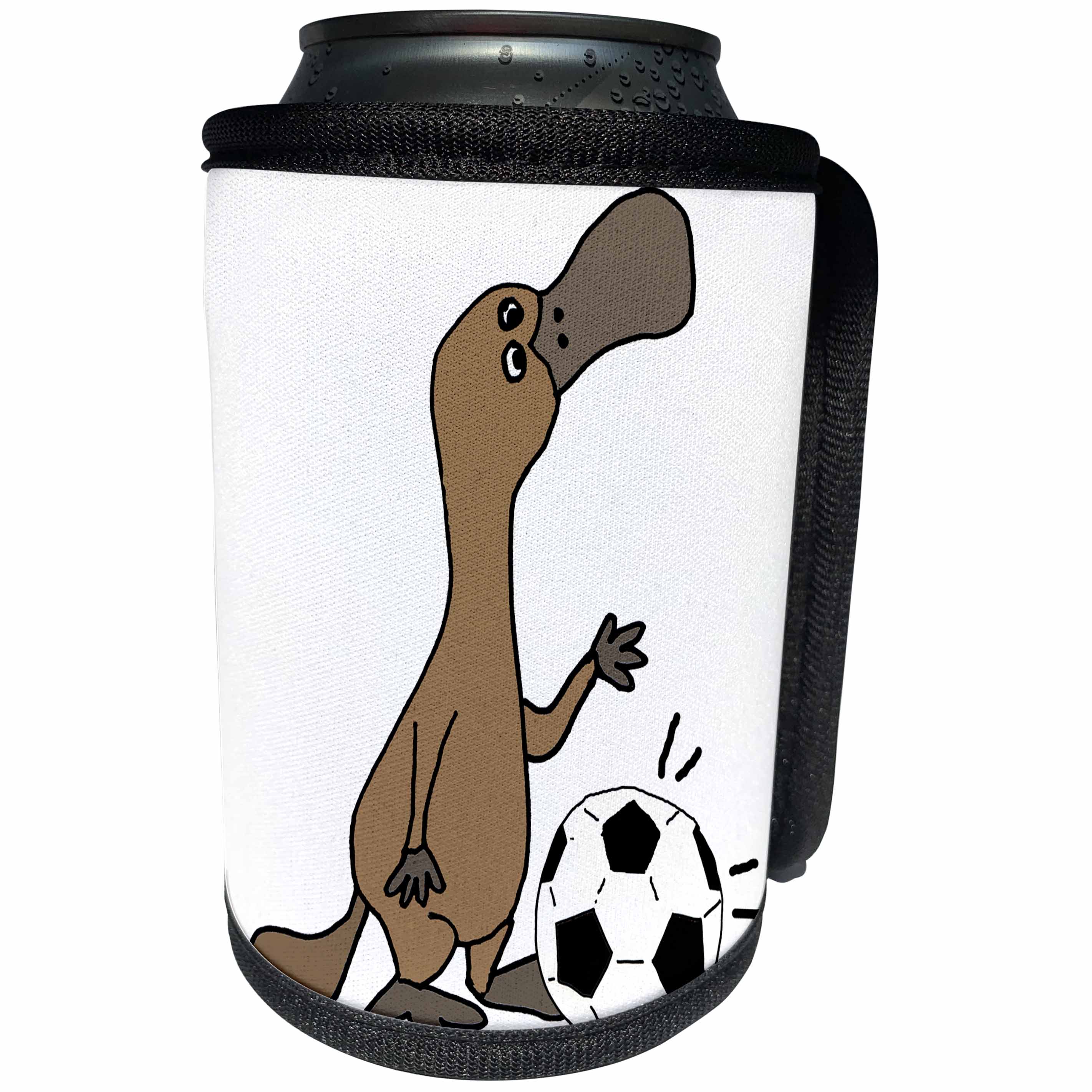 3dRose All Smiles Art Sports and Hobbies - Funny Cute Duck billed Platypus Playing Soccer Cartoon - Can Cooler Bottle Wrap (cc_260909)