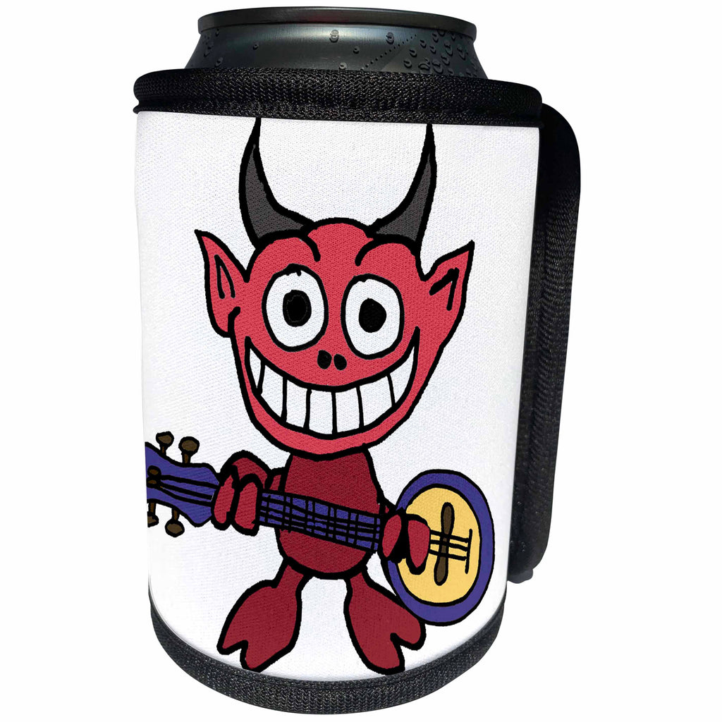 3dRose All Smiles Art Music - Funny Cute Red Devil Playing Banjo Cartoon - Can Cooler Bottle Wrap (cc_260913)