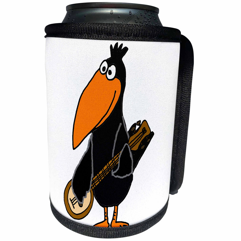 3dRose All Smiles Art Music - Funny Cute Black Crow Bird Playing Banjo Cartoon - Can Cooler Bottle Wrap (cc_260919)