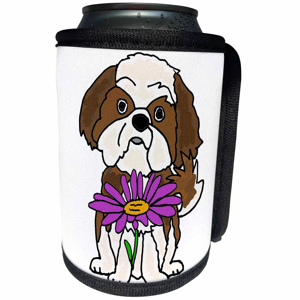 3dRose All Smiles Art Pets - Cute Funny Shih Tzu Puppy Dog with Purple Daisy Flower - Can Cooler Bottle Wrap (cc_260927)