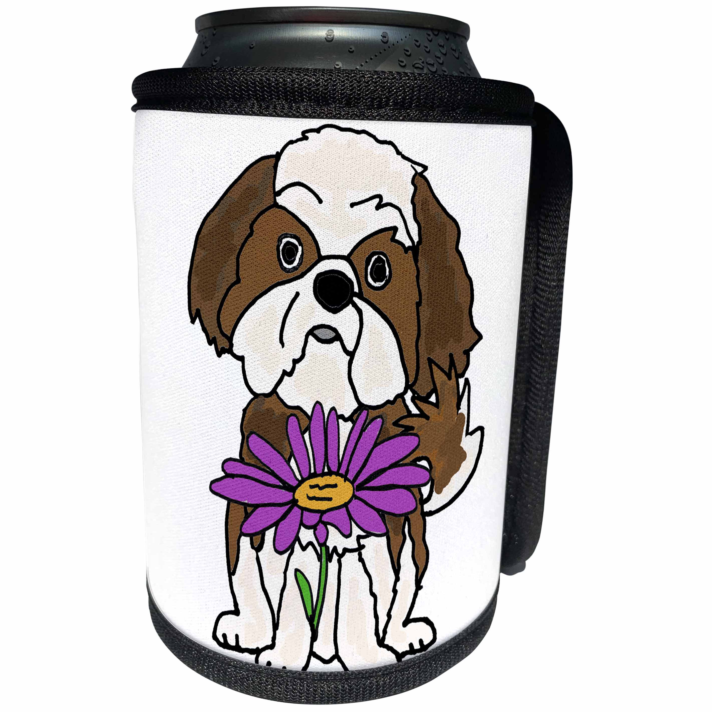 3dRose All Smiles Art Pets - Cute Funny Shih Tzu Puppy Dog with Purple Daisy Flower - Can Cooler Bottle Wrap (cc_260927)
