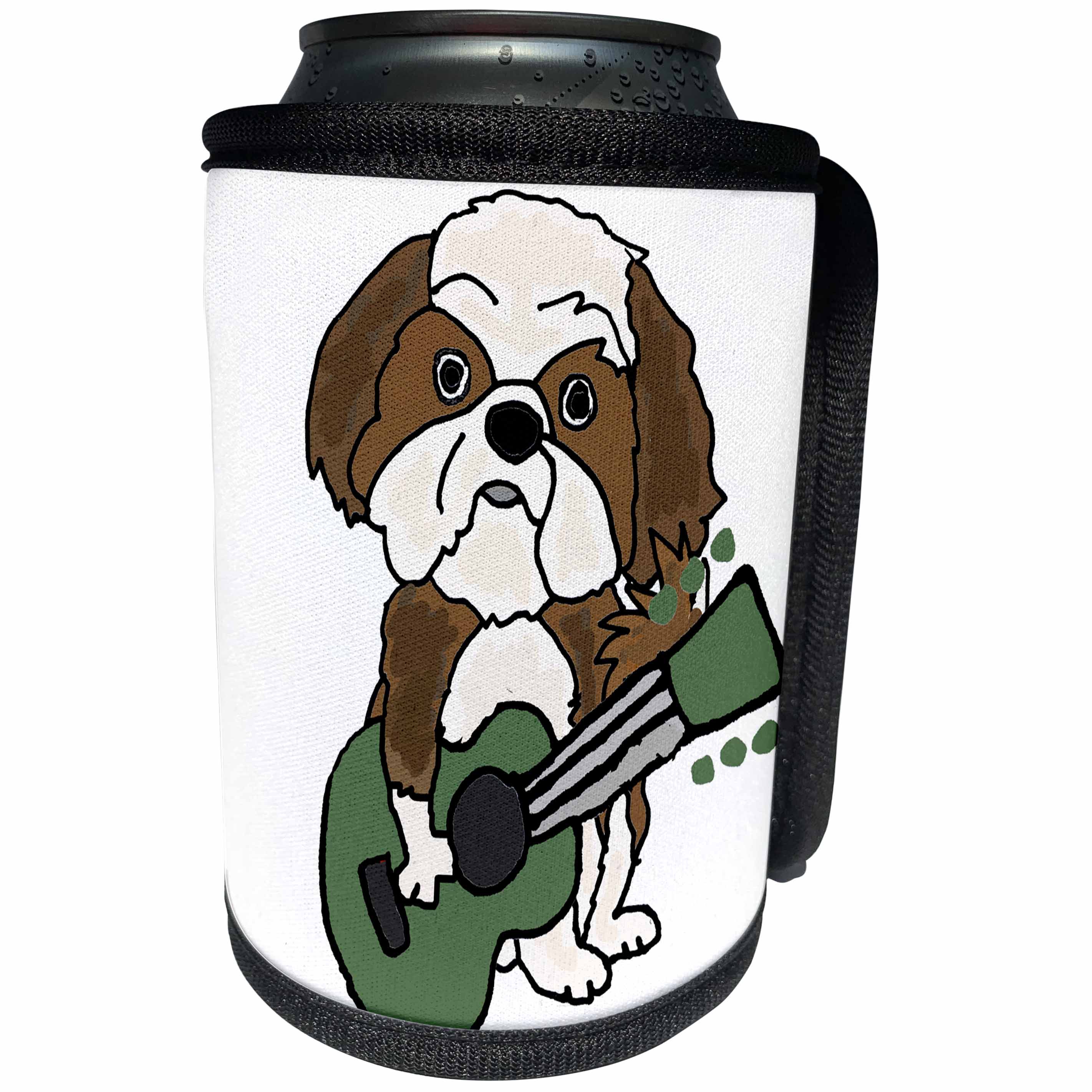 3dRose All Smiles Art Pets - Funny Cute Shih Tzu Puppy Dog Playing Guitar Cartoon - Can Cooler Bottle Wrap (cc_260928)