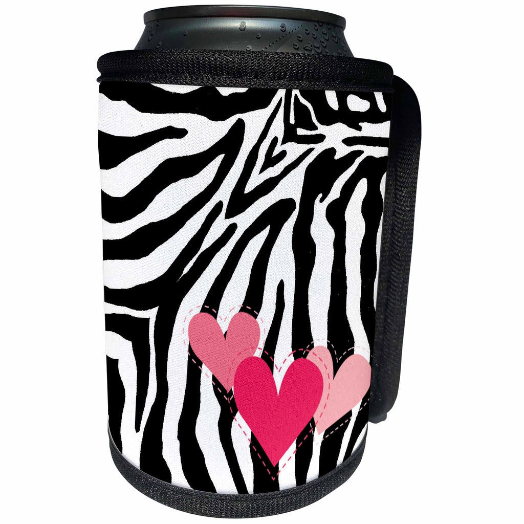 3dRose Patricia Sanders Creations - Pink Hearts Zebra Print - Can Cooler Bottle Wrap (cc_26093)