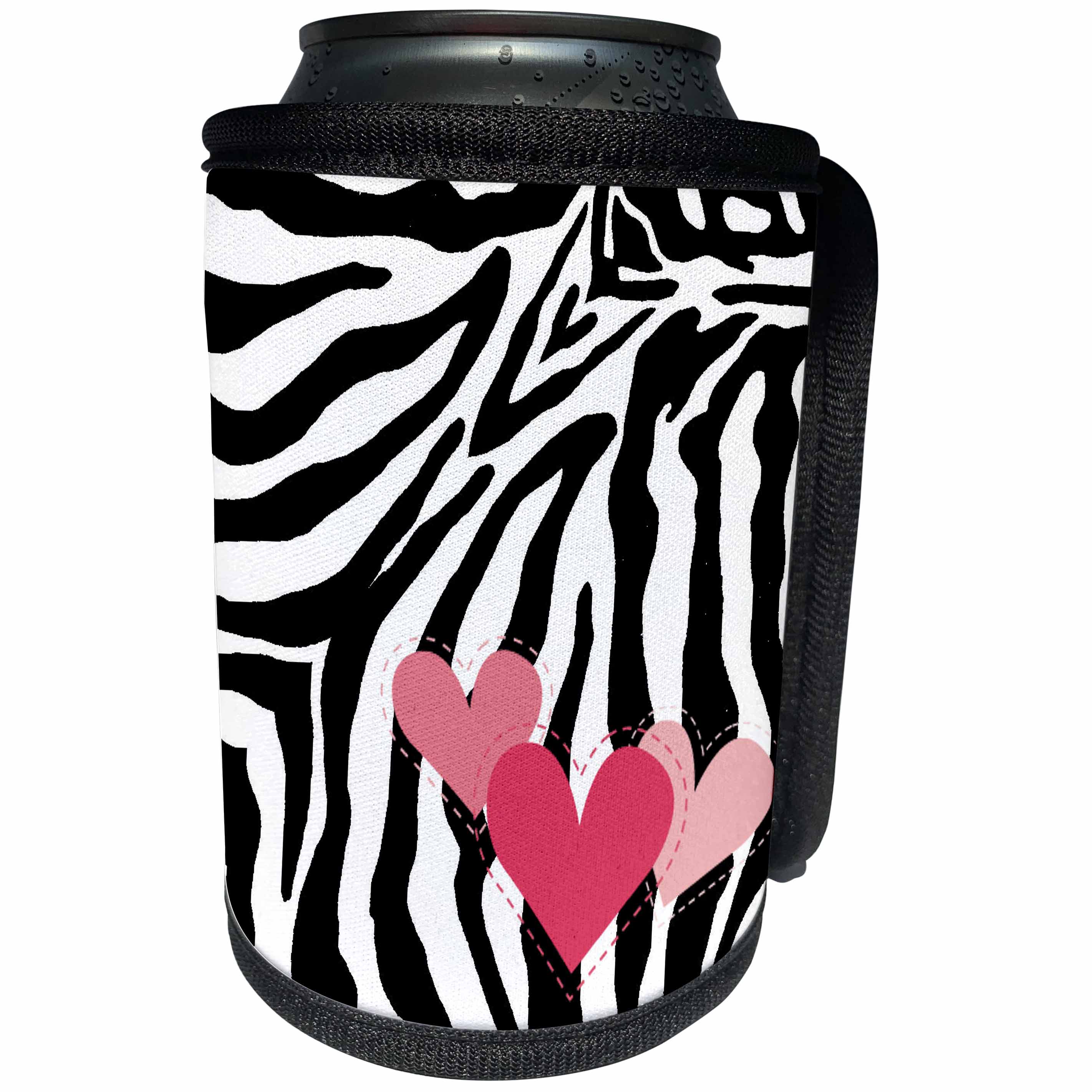 3dRose Patricia Sanders Creations - Pink Hearts Zebra Print - Can Cooler Bottle Wrap (cc_26093)