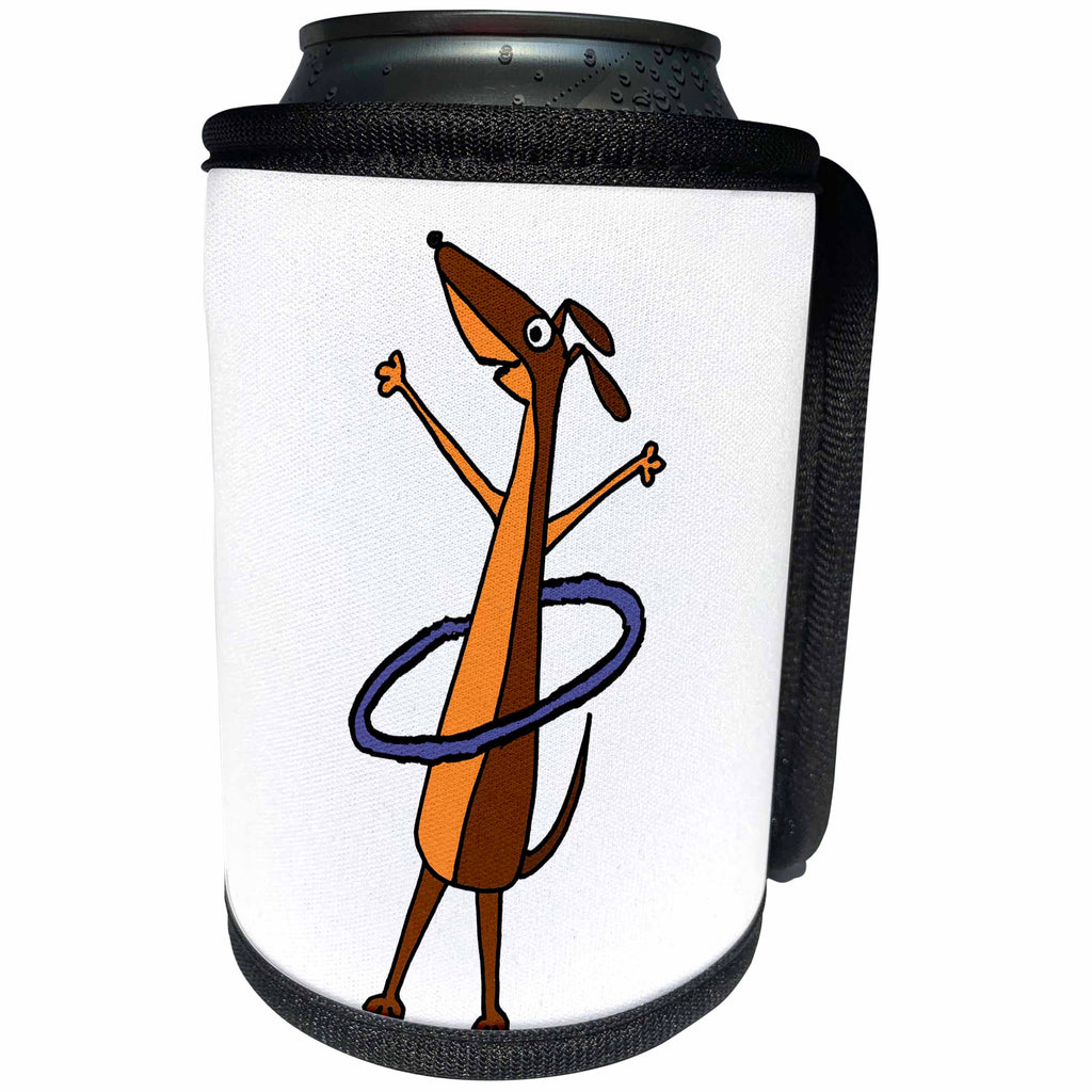 3dRose All Smiles Art Pets - Cute Funny Dachshund Puppy Dog Playing Hula Hoop Cartoon - Can Cooler Bottle Wrap (cc_260933)