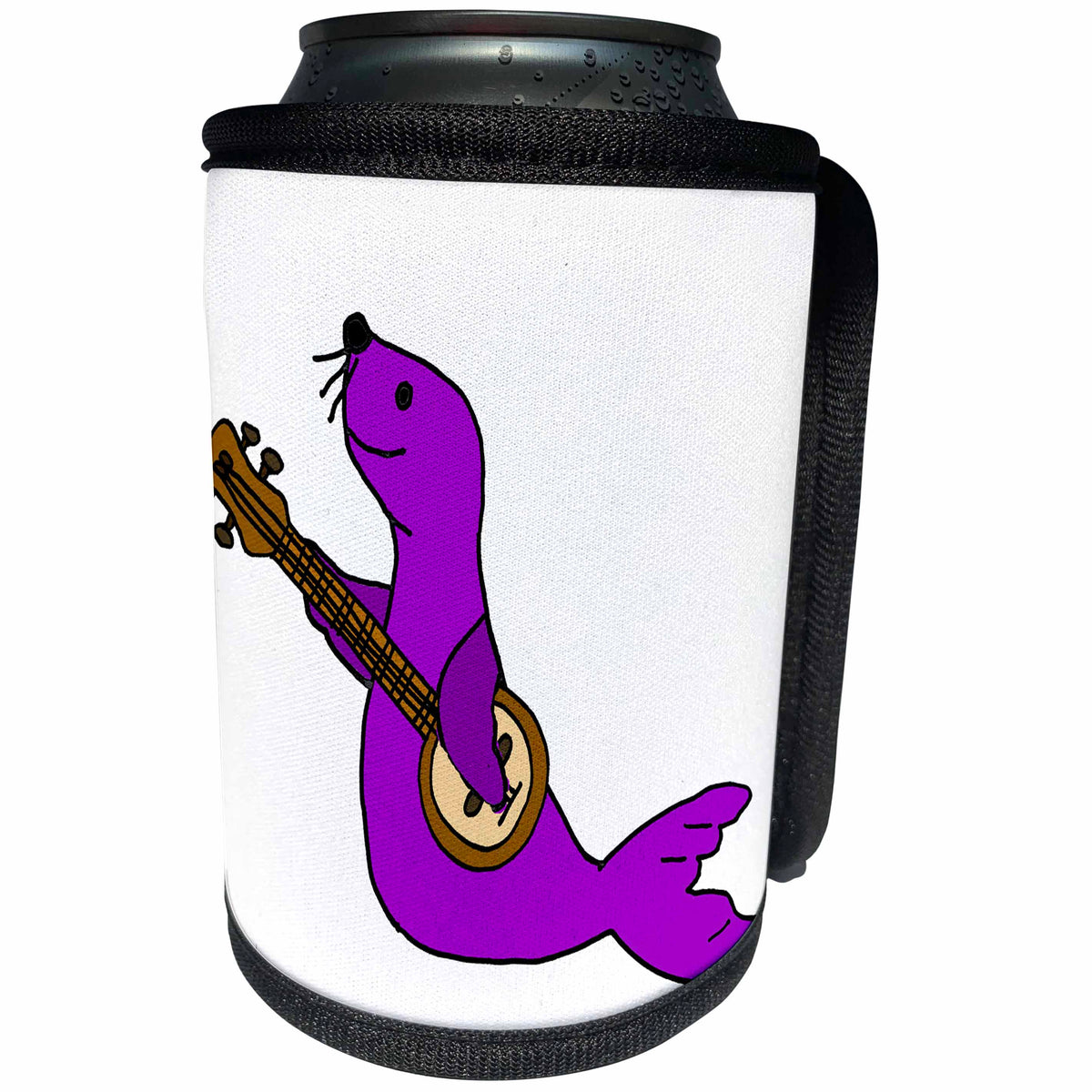 3dRose All Smiles Art Music - Funny Cute Purple Seal Animal Playing Banjo - Can Cooler Bottle Wrap (cc_260939)