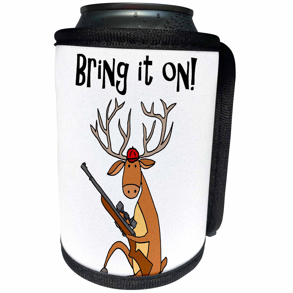 3dRose All Smiles Art Music - Cute Funny Buck Deer with Hunting Rifle Bring it on Cartoon - Can Cooler Bottle Wrap (cc_260944)
