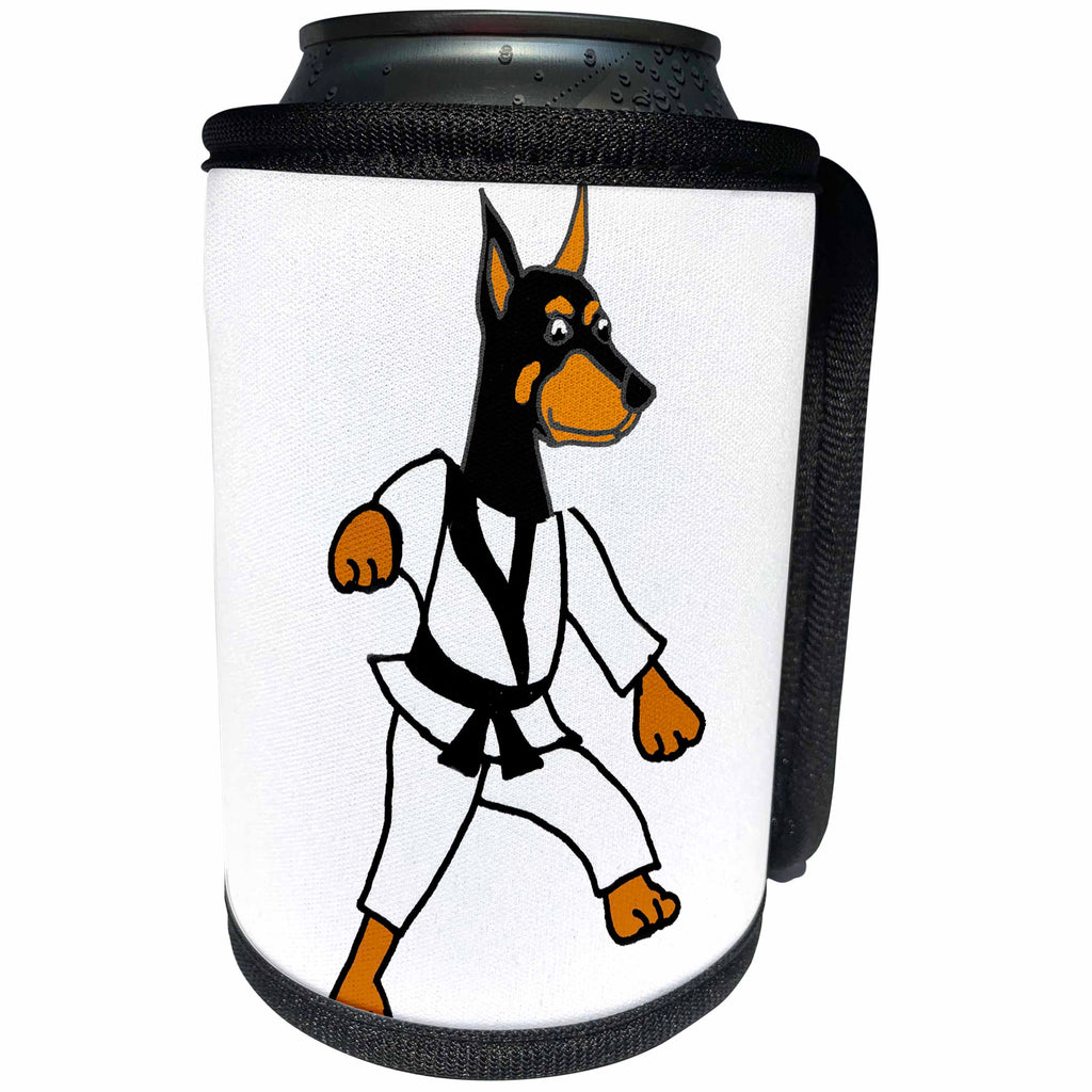 3dRose All Smiles Art Pets - Cool fun Doberman Pinscher Puppy Dog Practicing Karate Art - Can Cooler Bottle Wrap (cc_260958)