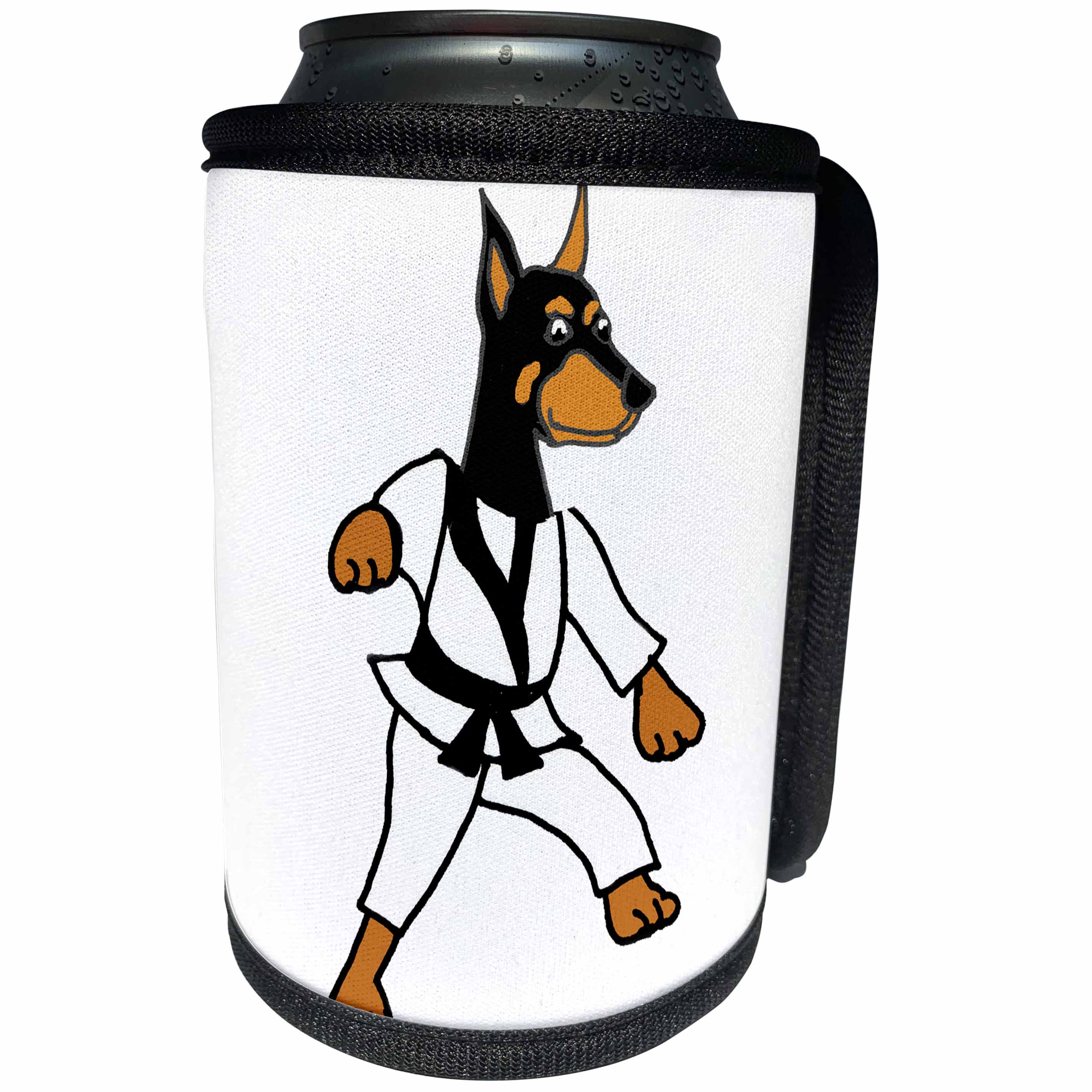 3dRose All Smiles Art Pets - Cool fun Doberman Pinscher Puppy Dog Practicing Karate Art - Can Cooler Bottle Wrap (cc_260958)