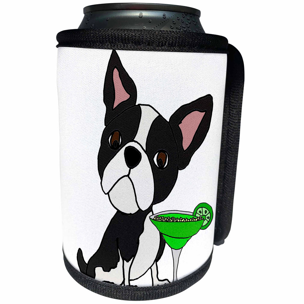 3dRose All Smiles Art Pets - Funny Cute Boston Terrier Puppy Dog Drinking a Margarita - Can Cooler Bottle Wrap (cc_260966)