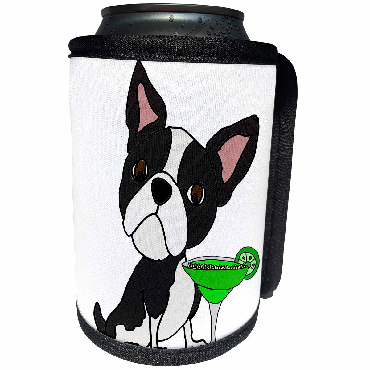 3dRose All Smiles Art Pets - Funny Cute Boston Terrier Puppy Dog Drinking a Margarita - Can Cooler Bottle Wrap (cc_260966)