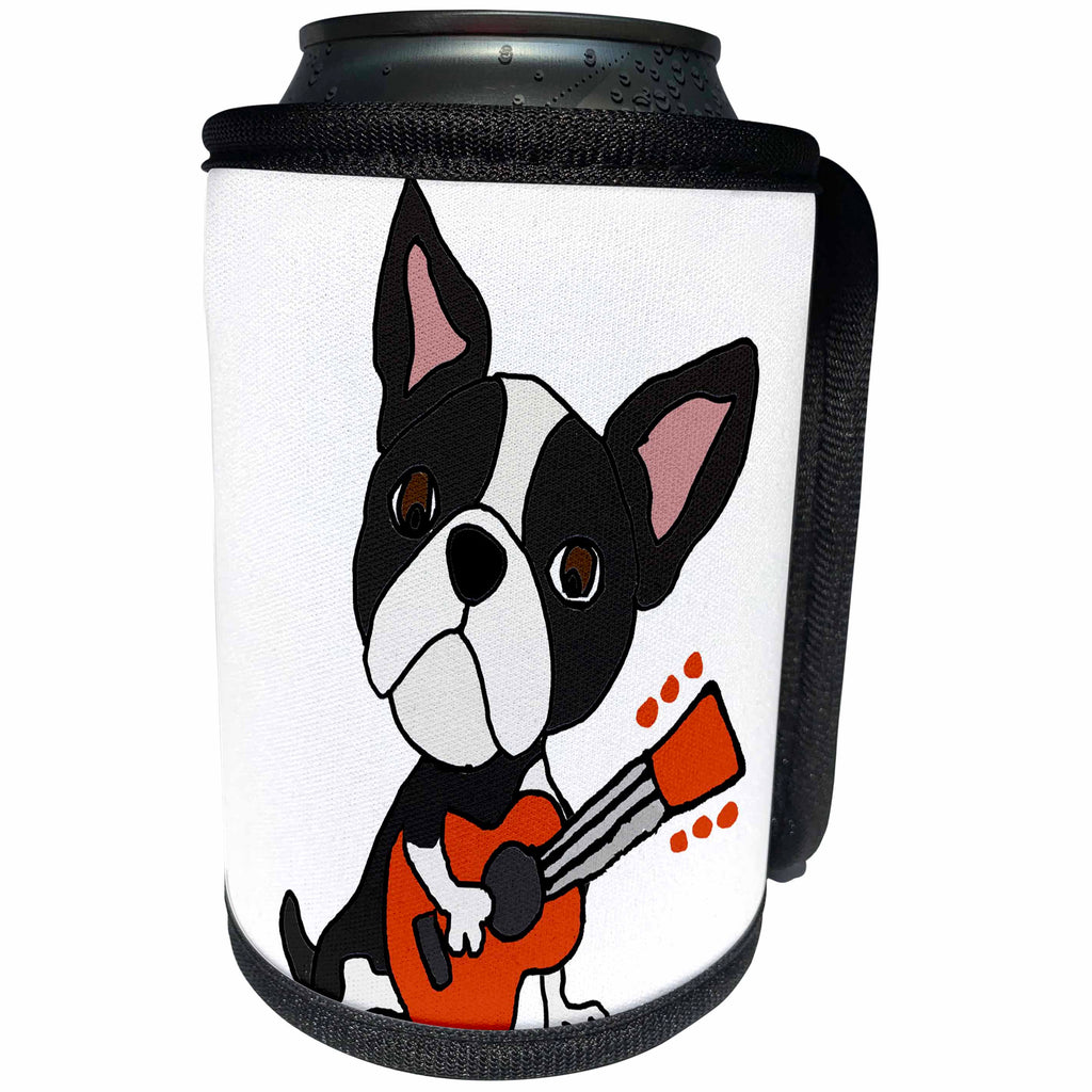 3dRose All Smiles Art Pets - Funny Cute Boston Terrier Puppy Dog is Playing the Guitar - Can Cooler Bottle Wrap (cc_260968)
