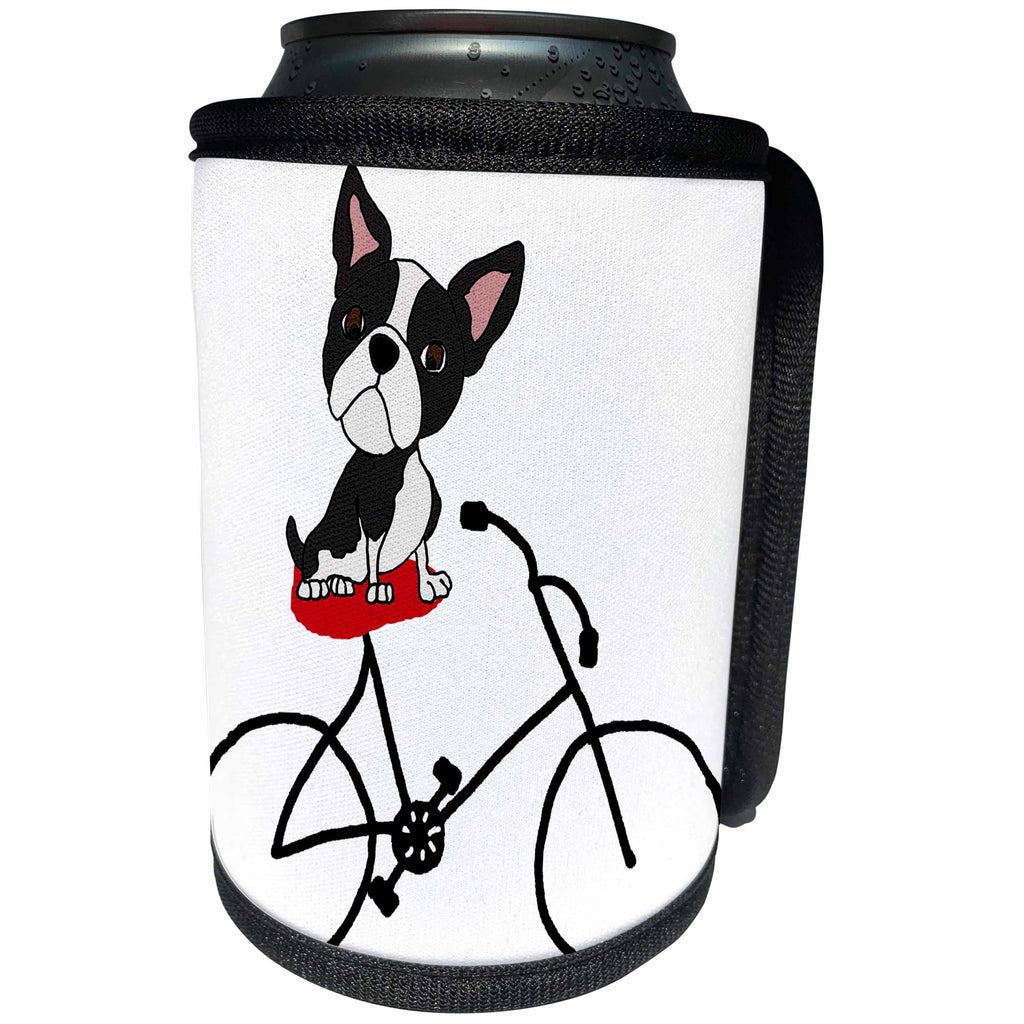 3dRose All Smiles Art Sports and Hobbies - Funny Cute Boston Terrier Puppy Dog Riding Bicycle - Can Cooler Bottle Wrap (cc_260970)