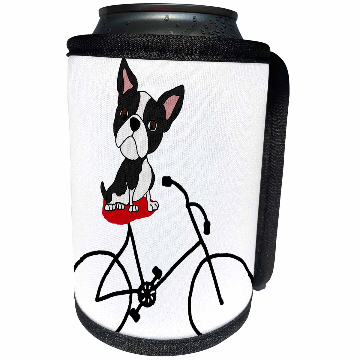 3dRose All Smiles Art Sports and Hobbies - Funny Cute Boston Terrier Puppy Dog Riding Bicycle - Can Cooler Bottle Wrap (cc_260970)
