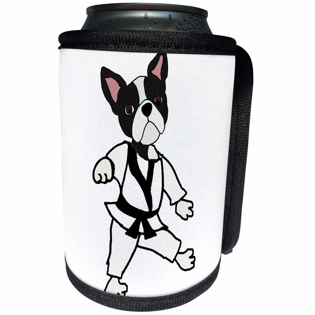 3dRose All Smiles Art Sports and Hobbies - Funny Cute Boston Terrier Puppy Dog Karate Cartoon - Can Cooler Bottle Wrap (cc_260971)