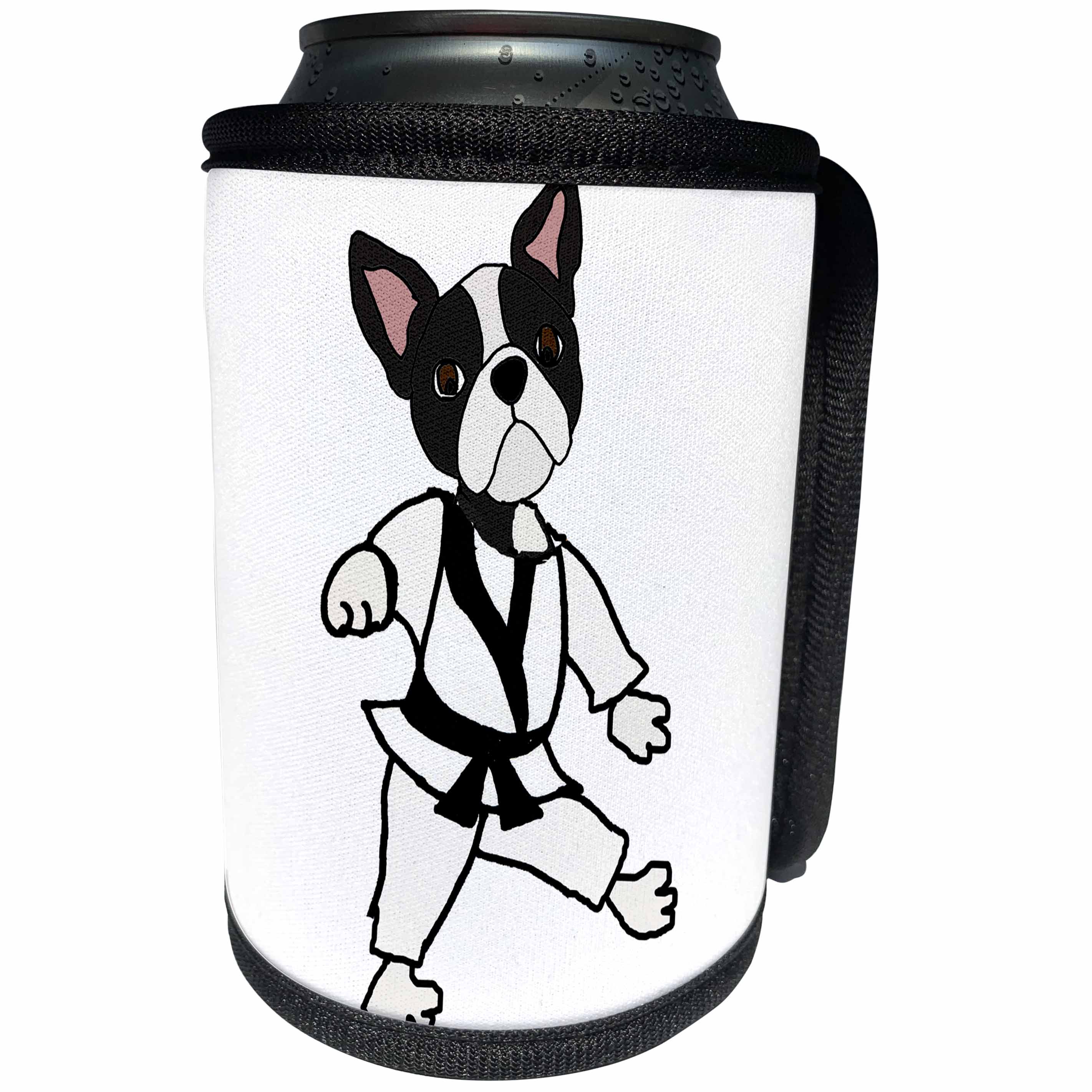 3dRose All Smiles Art Sports and Hobbies - Funny Cute Boston Terrier Puppy Dog Karate Cartoon - Can Cooler Bottle Wrap (cc_260971)