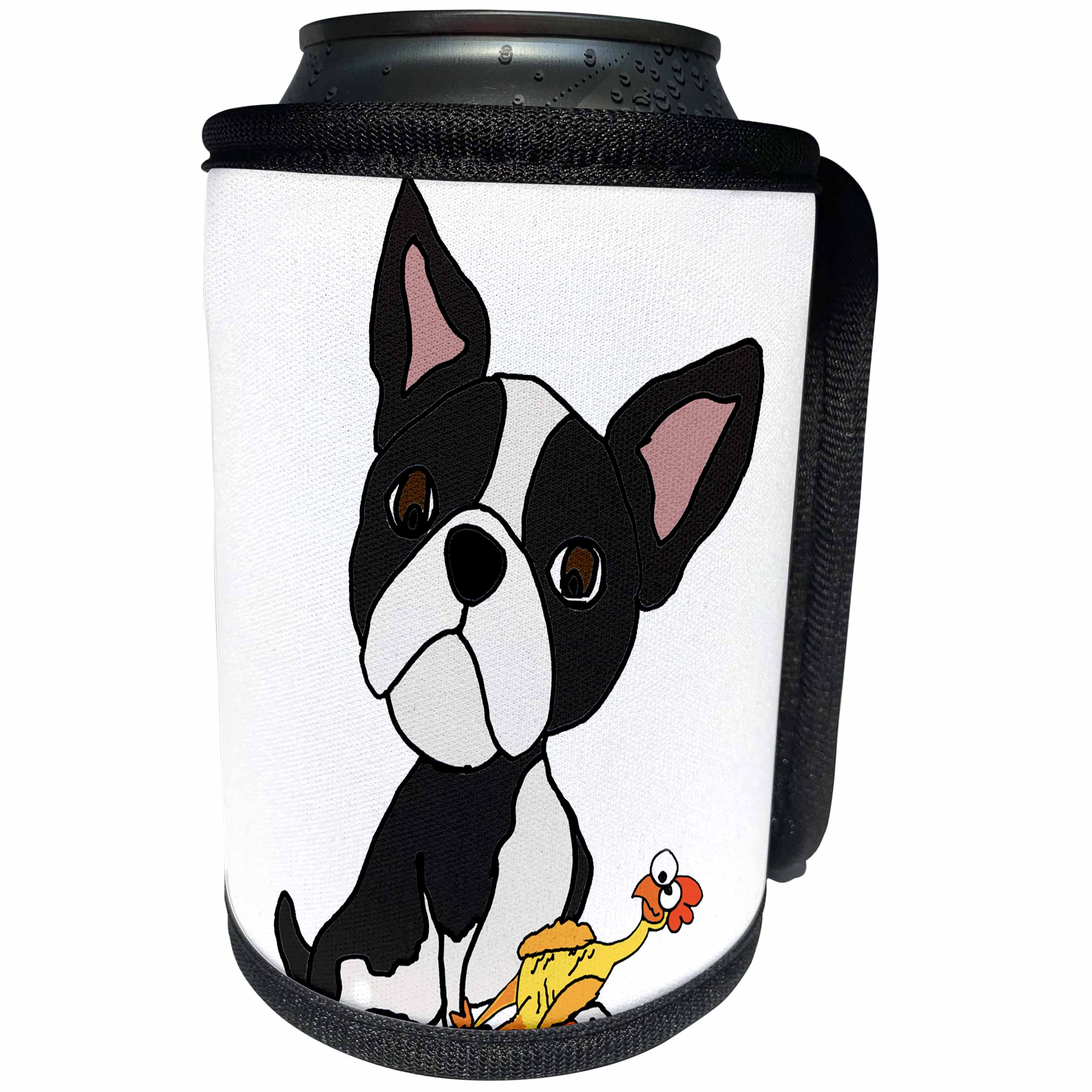 3dRose All Smiles Art Pets - Funny Cute Boston Terrier Puppy Dog with Rubber Chicken Toy - Can Cooler Bottle Wrap (cc_260973)