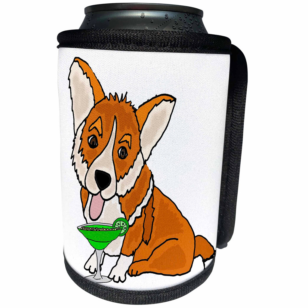 3dRose All Smiles Art Pets - Cute Funny Welsh Corgi Dog Drinking Margarita Cartoon - Can Cooler Bottle Wrap (cc_260974)