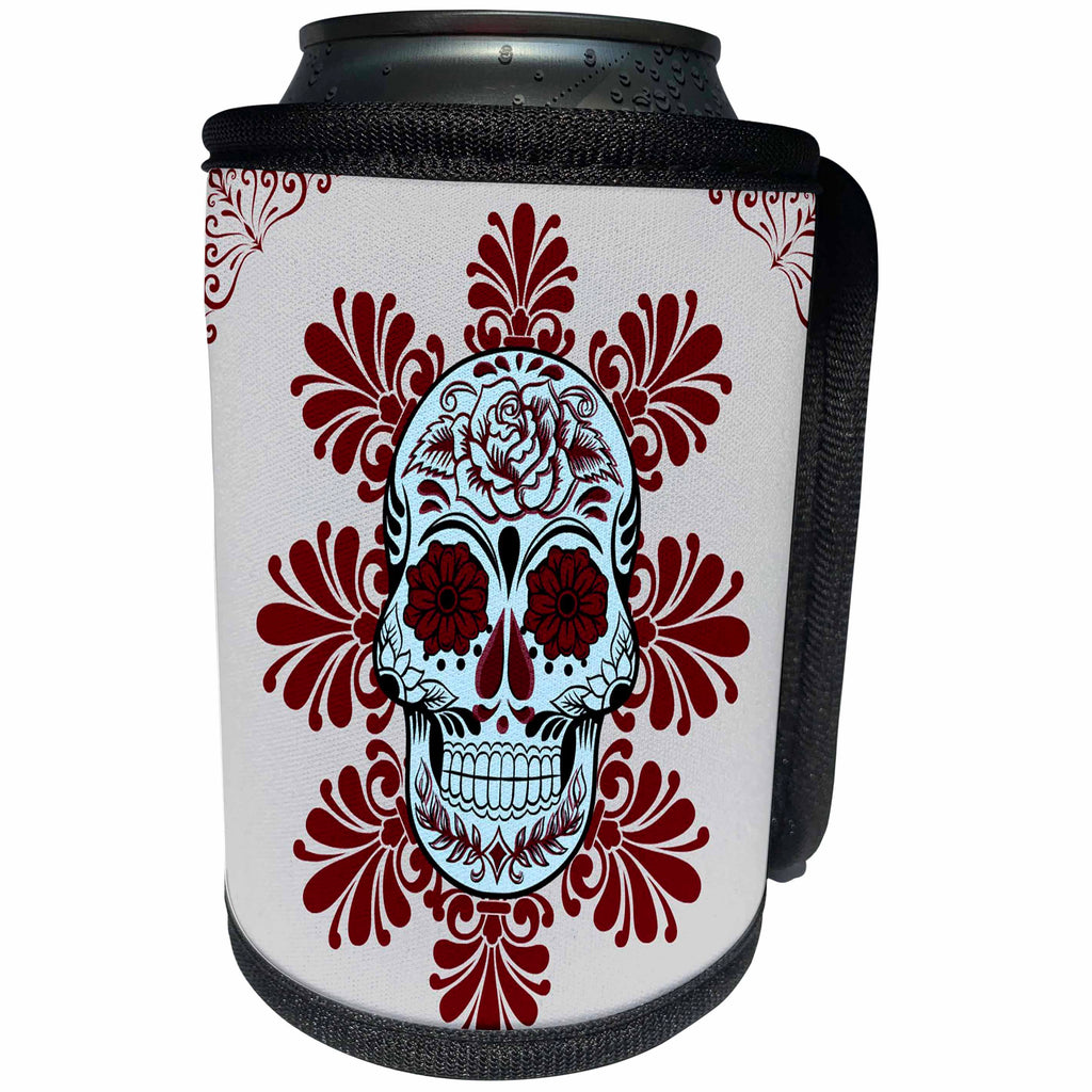 3dRose RinaPiro - Sugar Skull - Day of the Dead. Unique design. Burgundy and grey. - Can Cooler Bottle Wrap (cc_261356)