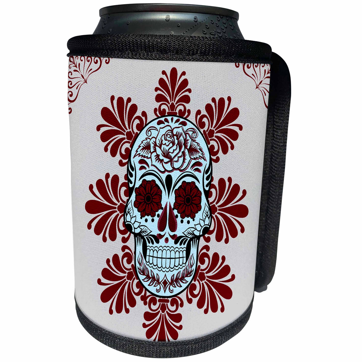 3dRose RinaPiro - Sugar Skull - Day of the Dead. Unique design. Burgundy and grey. - Can Cooler Bottle Wrap (cc_261356)