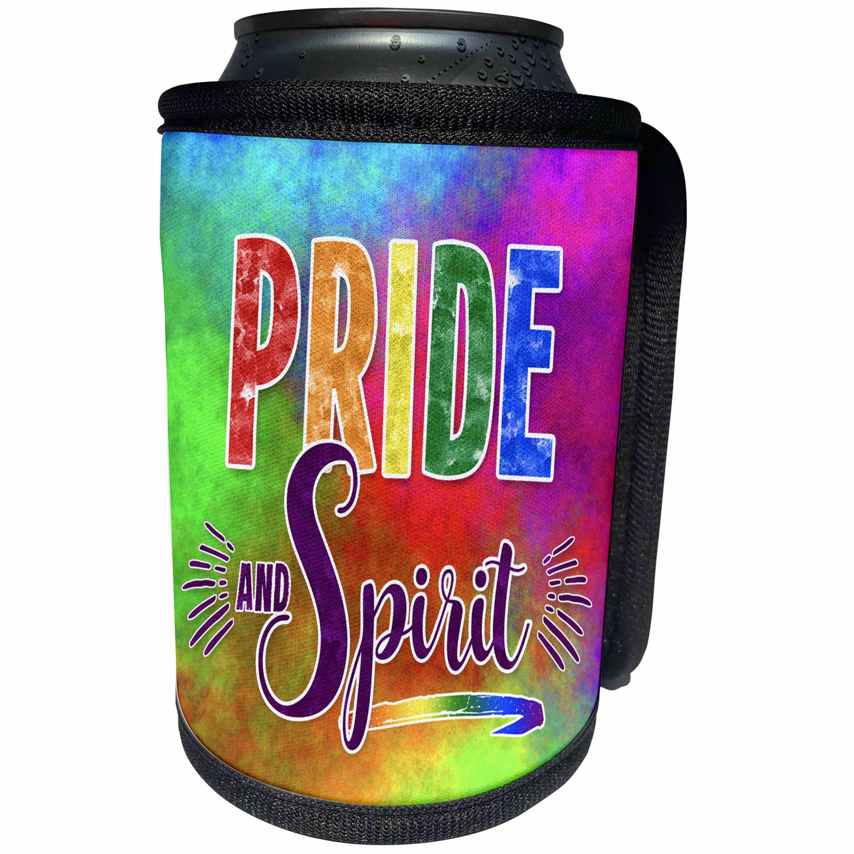 3dRose Rainbow Tie Dye with Pride and Spirit Typography for... - Can Cooler Bottle Wrap (cc_261481)