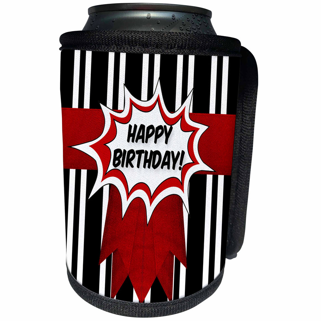 3dRose Doreen Erhardt Birthday Collection - Bold Vertical Black and White Stripes with Red Comic Happy Birthday - Can Cooler Bottle Wrap (cc_261483)