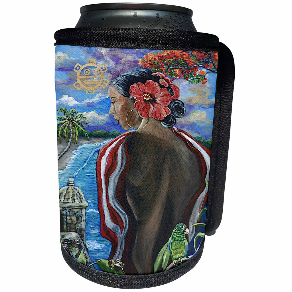 3dRose Melissa A. Torres Art Puerto Rican Art - Image of Woman with Puerto Rican imagery - Can Cooler Bottle Wrap (cc_261559)