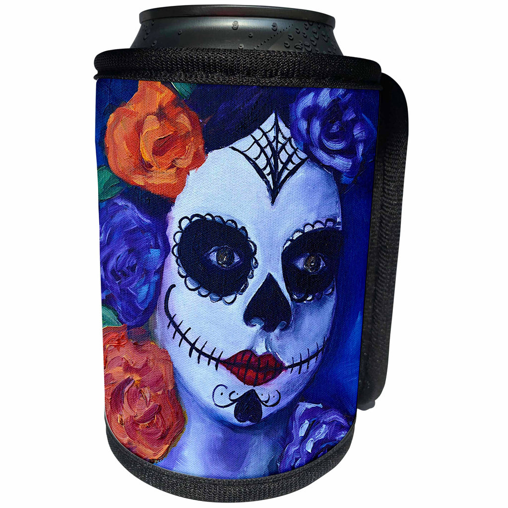 3dRose Melissa A. Torres Art Dia de Los Muertos - Image of Dia de los Muertos woman with roses - Can Cooler Bottle Wrap (cc_261563)