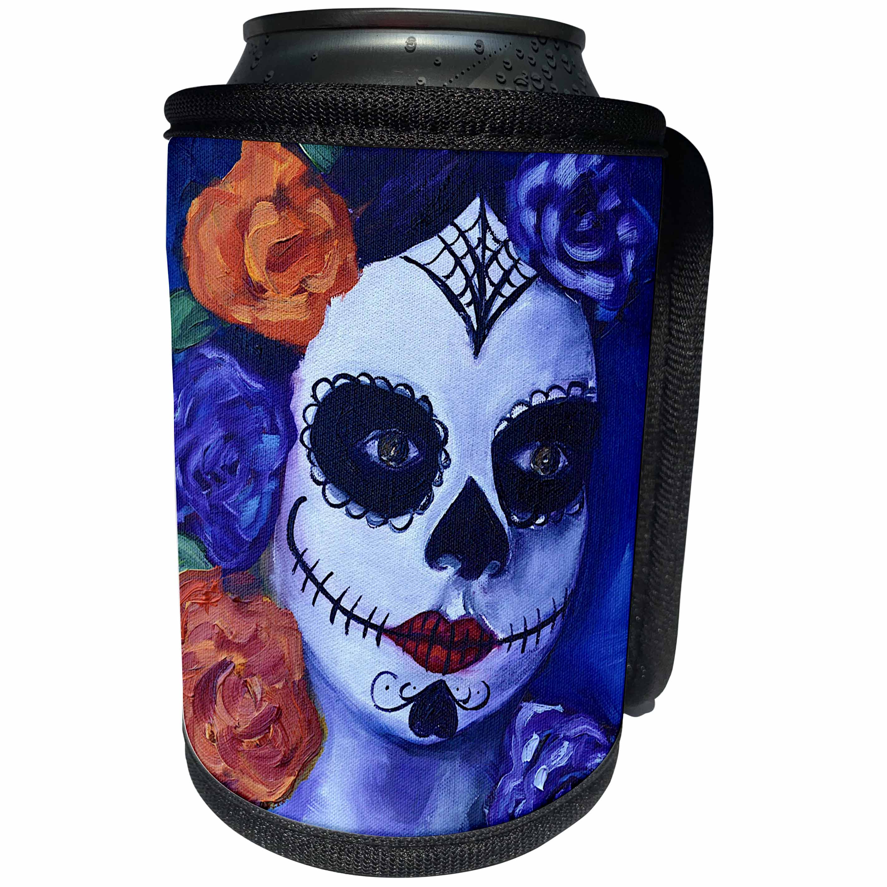 3dRose Melissa A. Torres Art Dia de Los Muertos - Image of Dia de los Muertos woman with roses - Can Cooler Bottle Wrap (cc_261563)