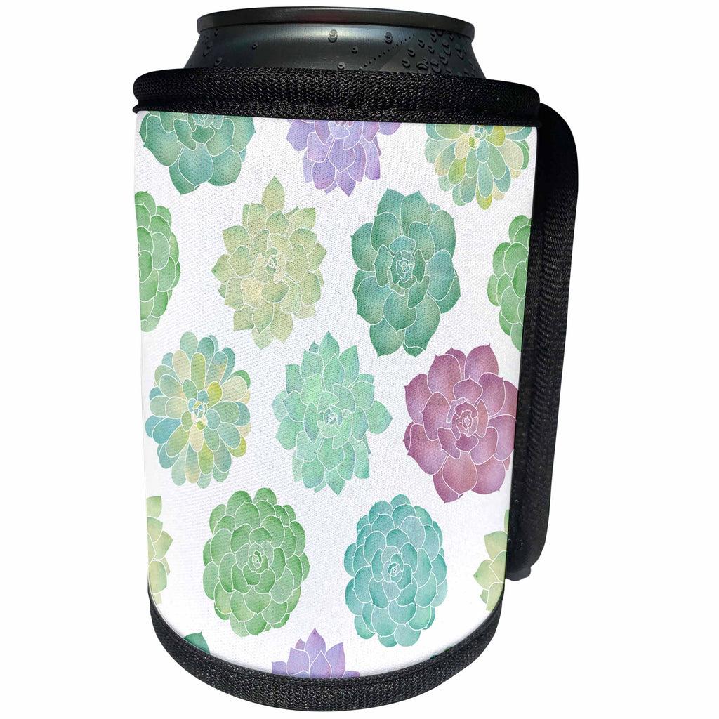 3dRose Janna Salak Designs Boho - Watercolor Succulents Pattern - Can Cooler Bottle Wrap (cc_261565)