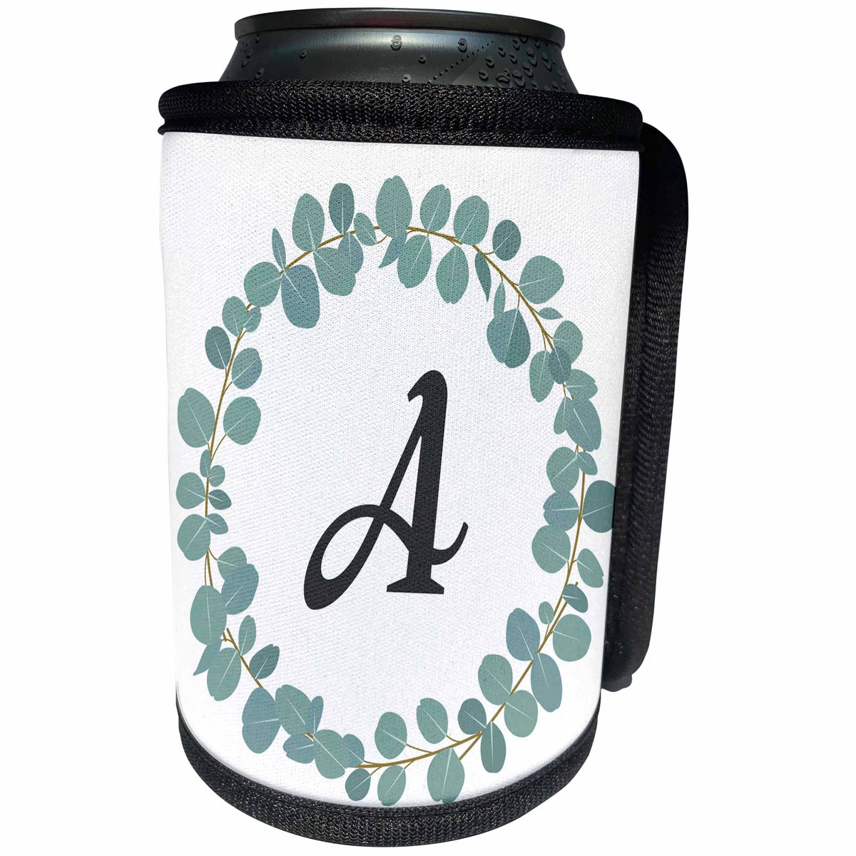3dRose Janna Salak Designs Monogram Collection - Letter A Monogram Eucalyptus Leaves Wreath Elegant Greenery - Can Cooler Bottle Wrap (cc_261583)