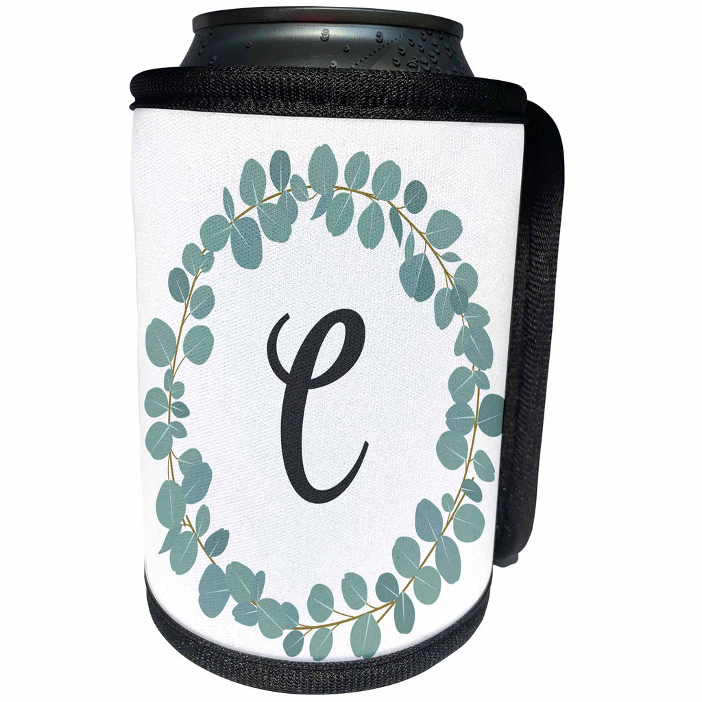 3dRose Janna Salak Designs Monogram Collection - Letter C Monogram Eucalyptus Leaves Wreath Elegant Greenery - Can Cooler Bottle Wrap (cc_261585)