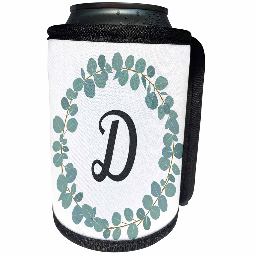 3dRose Janna Salak Designs Monogram Collection - Letter D Monogram Eucalyptus Leaves Wreath Elegant Greenery - Can Cooler Bottle Wrap (cc_261586)