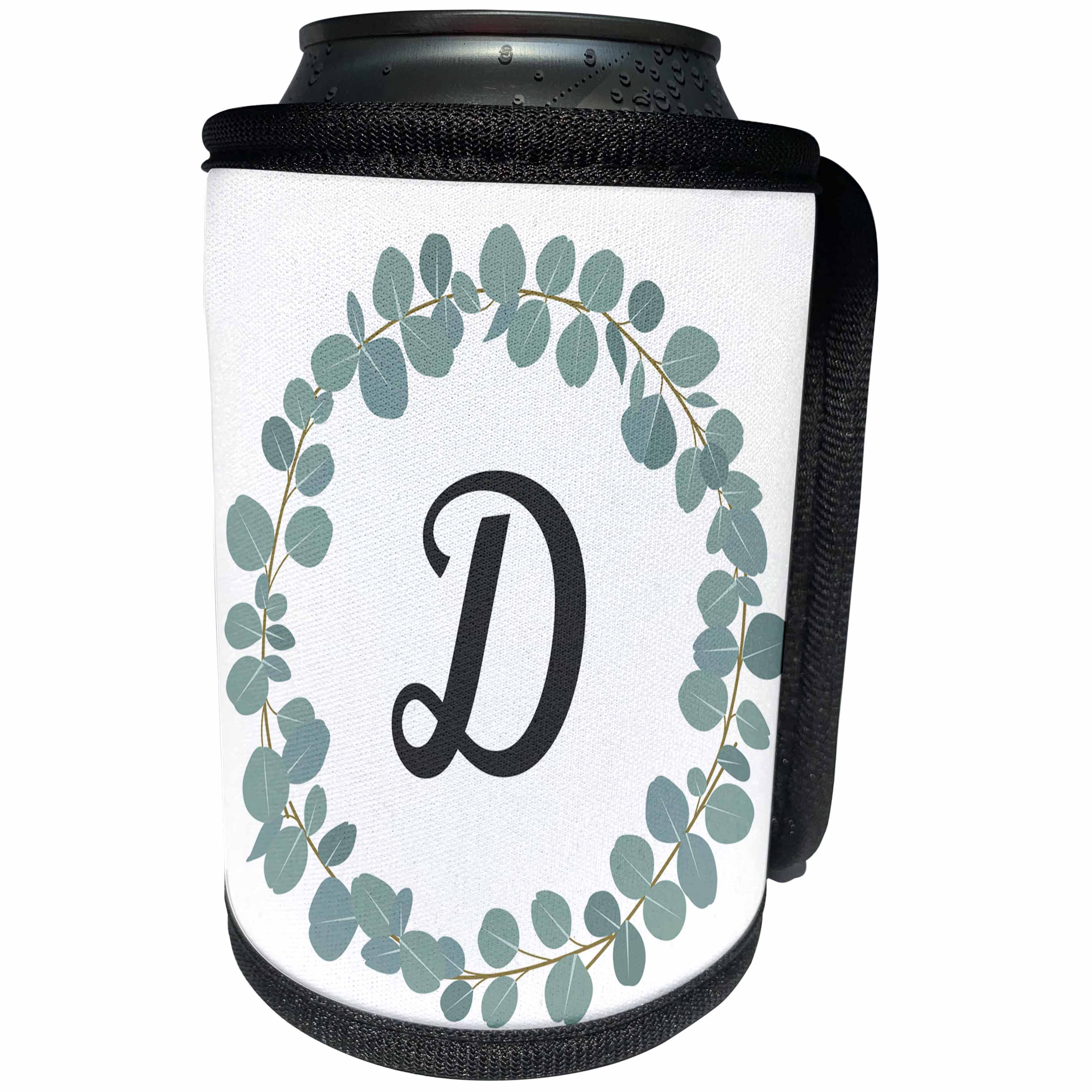 3dRose Janna Salak Designs Monogram Collection - Letter D Monogram Eucalyptus Leaves Wreath Elegant Greenery - Can Cooler Bottle Wrap (cc_261586)