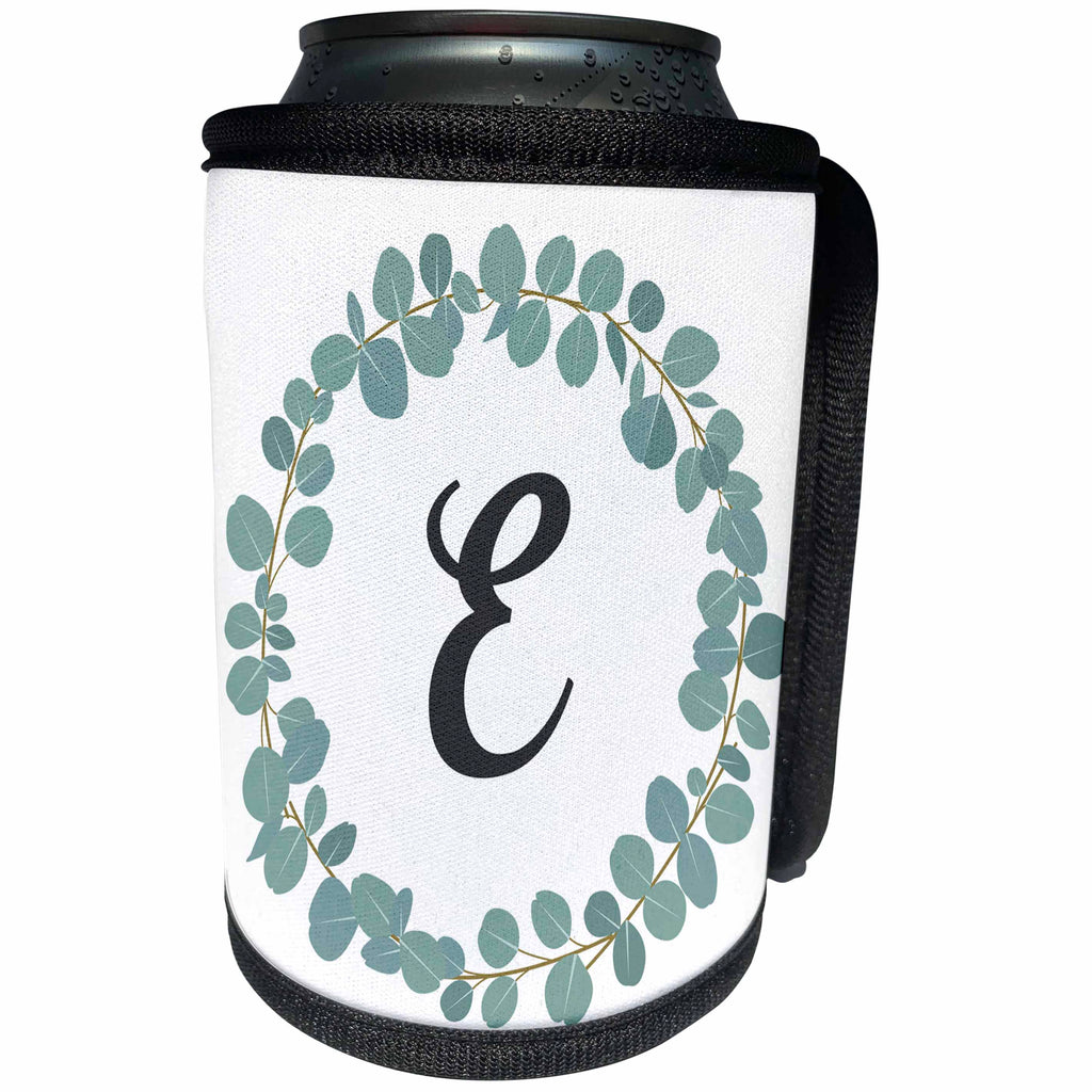 3dRose Janna Salak Designs Monogram Collection - Letter E Monogram Eucalyptus Leaves Wreath Elegant Greenery - Can Cooler Bottle Wrap (cc_261587)