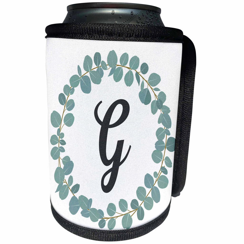3dRose Janna Salak Designs Monogram Collection - Letter G Monogram Eucalyptus Leaves Wreath Elegant Greenery - Can Cooler Bottle Wrap (cc_261589)