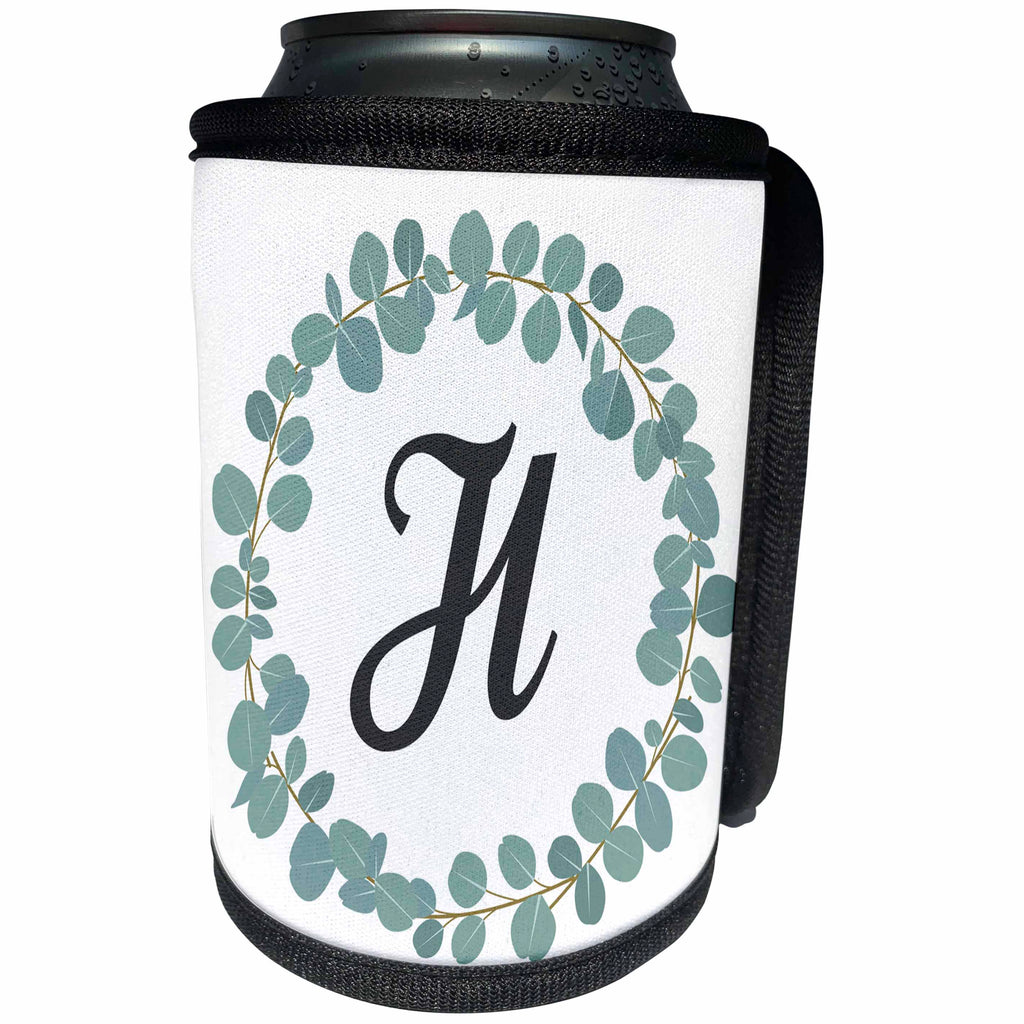 3dRose Janna Salak Designs Monogram Collection - Letter H Monogram Eucalyptus Leaves Wreath Elegant Greenery - Can Cooler Bottle Wrap (cc_261590)