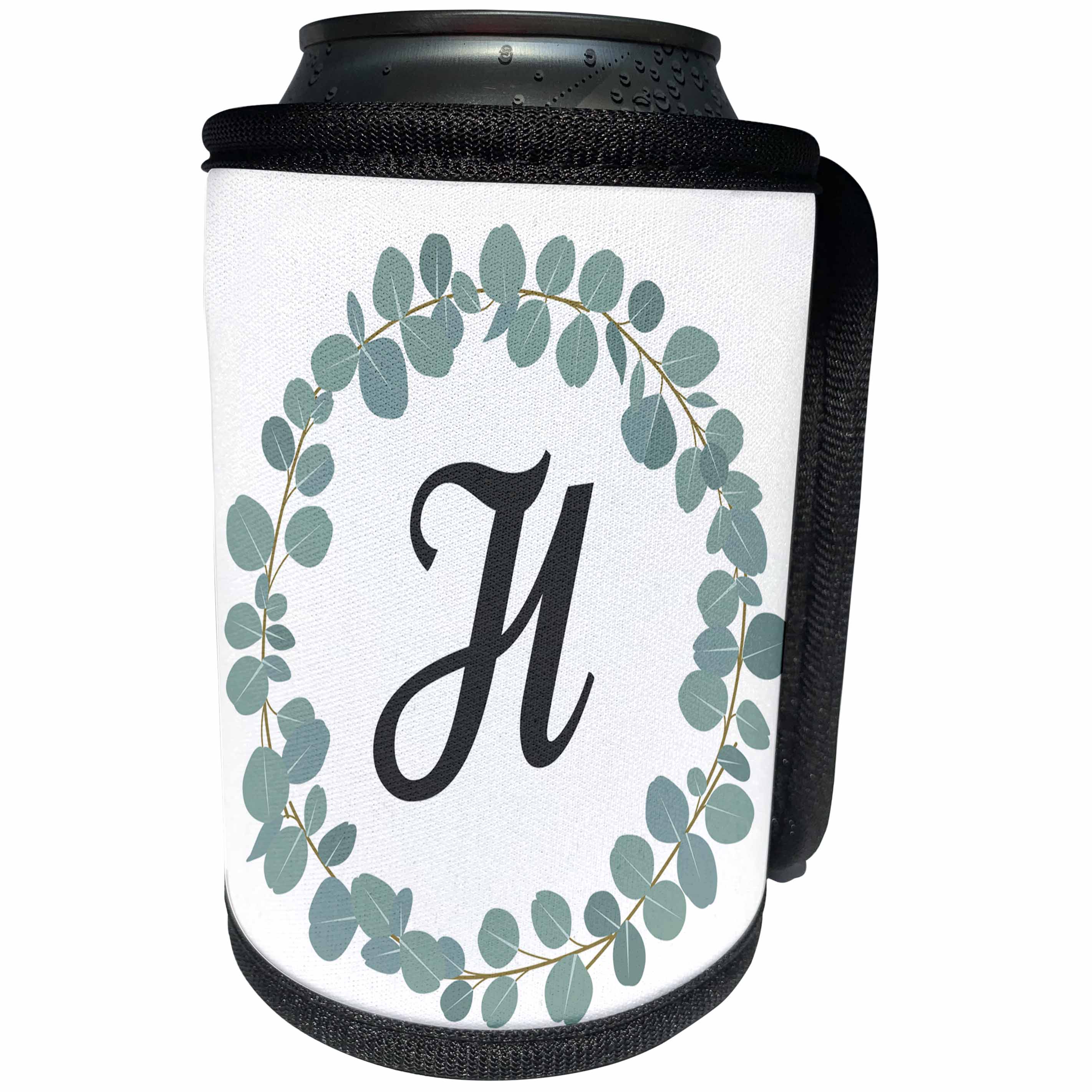 3dRose Janna Salak Designs Monogram Collection - Letter H Monogram Eucalyptus Leaves Wreath Elegant Greenery - Can Cooler Bottle Wrap (cc_261590)