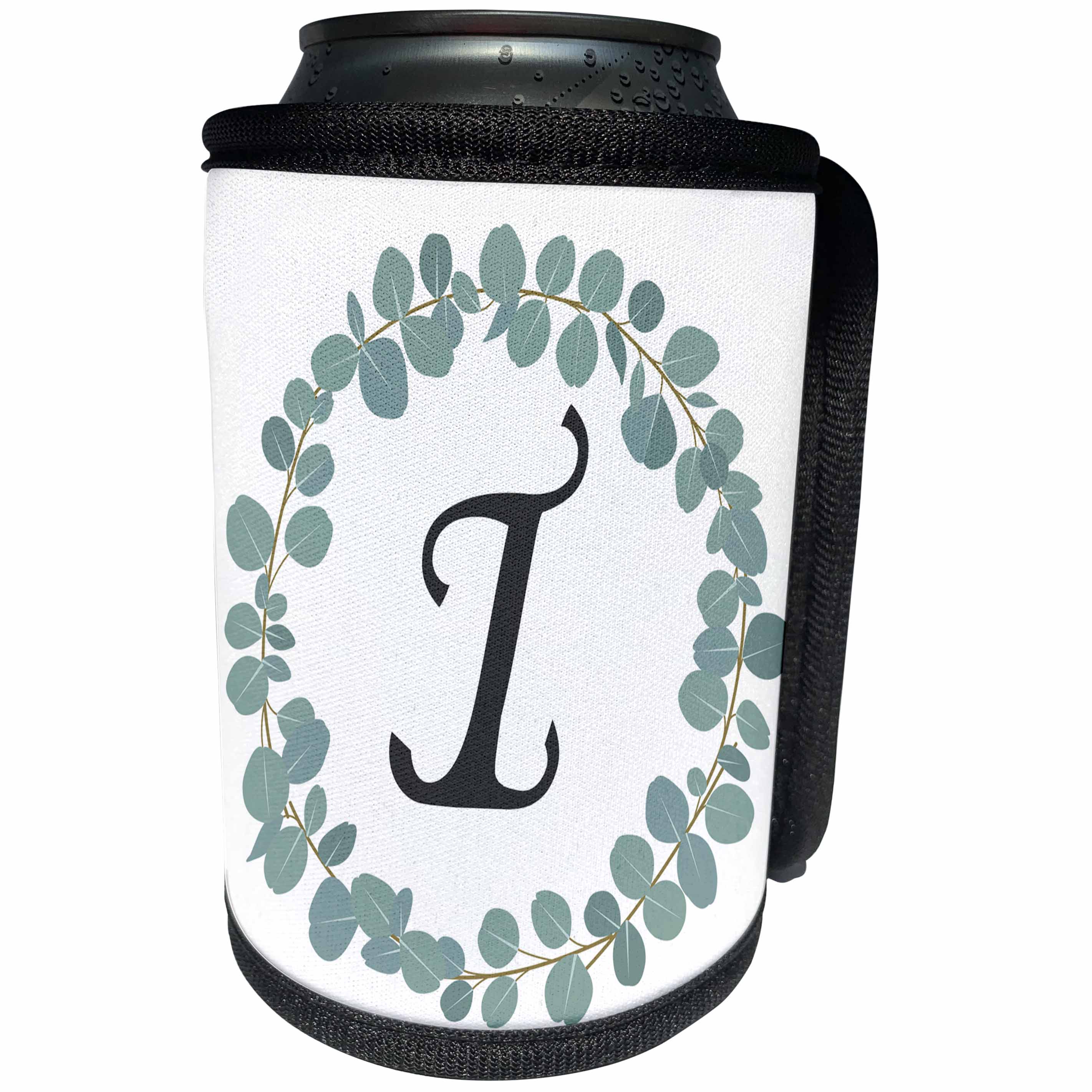 3dRose Janna Salak Designs Monogram Collection - Letter I Monogram Eucalyptus Leaves Wreath Elegant Greenery - Can Cooler Bottle Wrap (cc_261591)