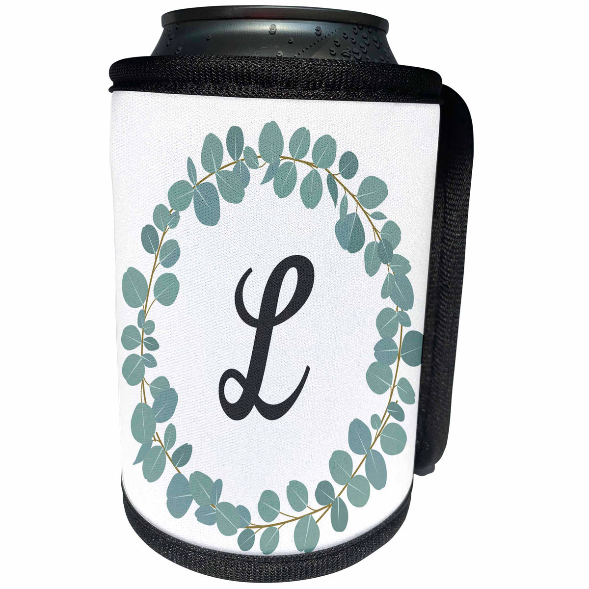 3dRose Janna Salak Designs Monogram Collection - Letter L Monogram Eucalyptus Leaves Wreath Elegant Greenery - Can Cooler Bottle Wrap (cc_261594)