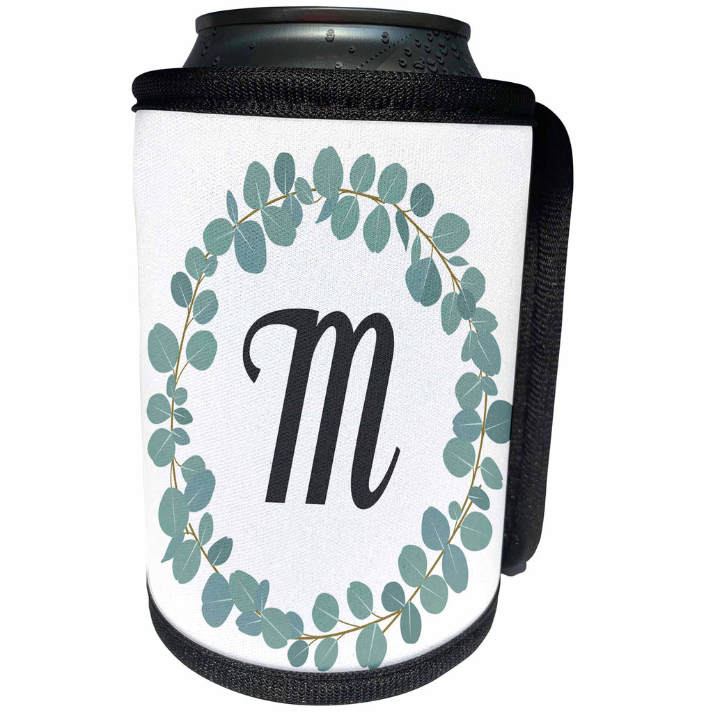 3dRose Janna Salak Designs Monogram Collection - Letter M Monogram Eucalyptus Leaves Wreath Elegant Greenery - Can Cooler Bottle Wrap (cc_261595)