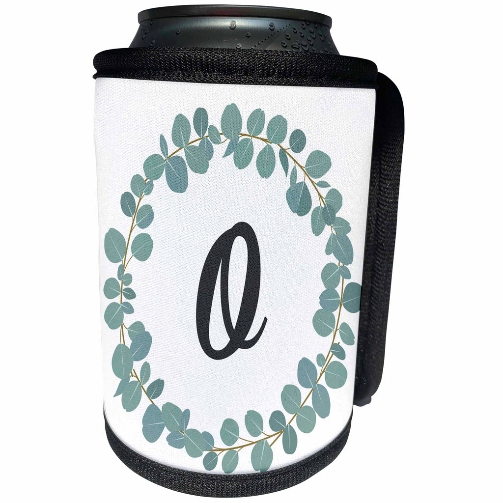 3dRose Janna Salak Designs Monogram Collection - Letter O Monogram Eucalyptus Leaves Wreath Elegant Greenery - Can Cooler Bottle Wrap (cc_261597)