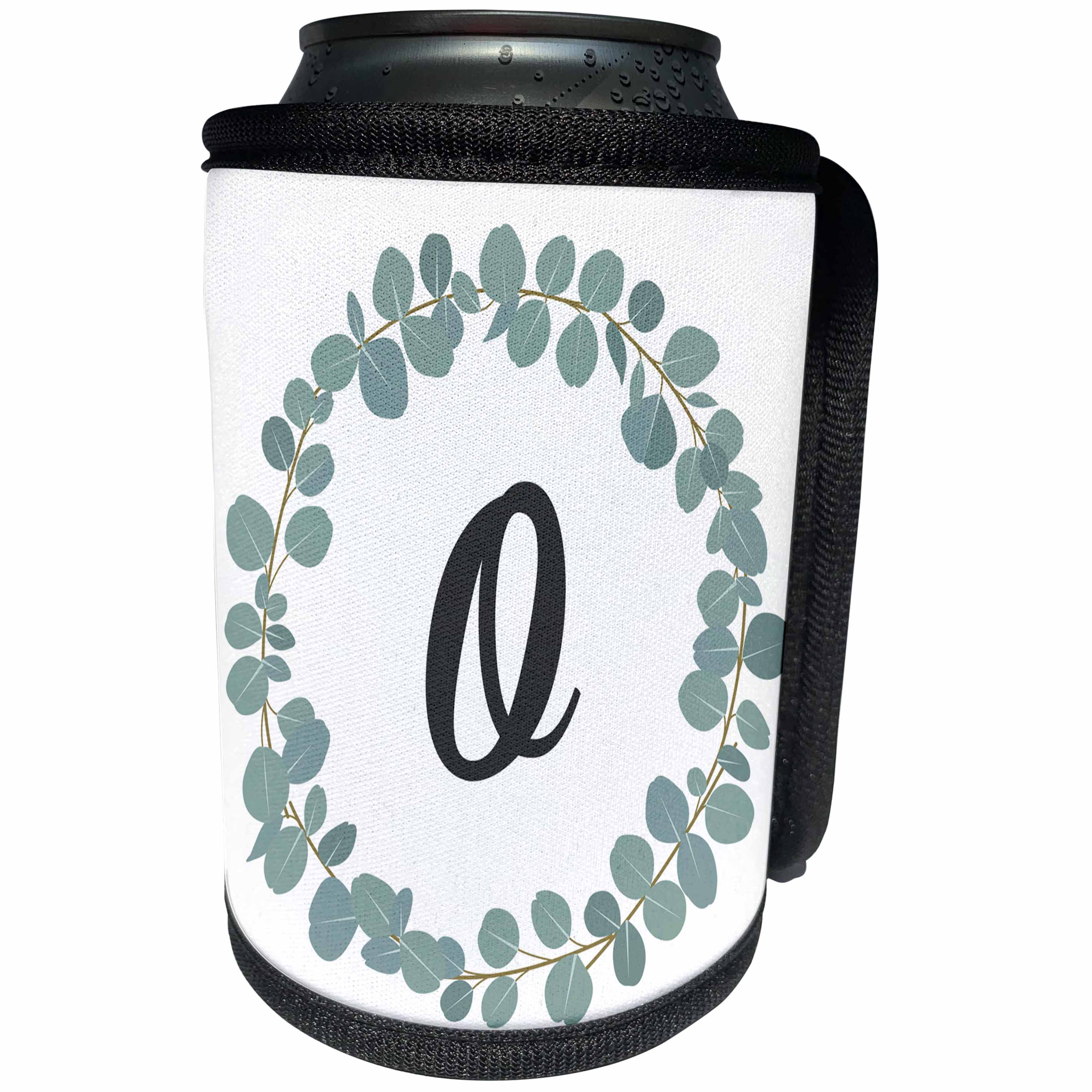 3dRose Janna Salak Designs Monogram Collection - Letter O Monogram Eucalyptus Leaves Wreath Elegant Greenery - Can Cooler Bottle Wrap (cc_261597)