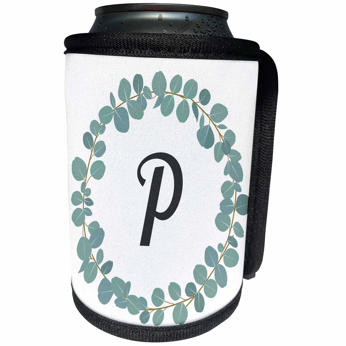 3dRose Janna Salak Designs Monogram Collection - Letter P Monogram Eucalyptus Leaves Wreath Elegant Greenery - Can Cooler Bottle Wrap (cc_261598)