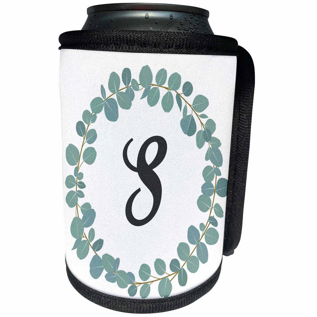 3dRose Janna Salak Designs Monogram Collection - Letter S Monogram Eucalyptus Leaves Wreath Elegant Greenery - Can Cooler Bottle Wrap (cc_261601)