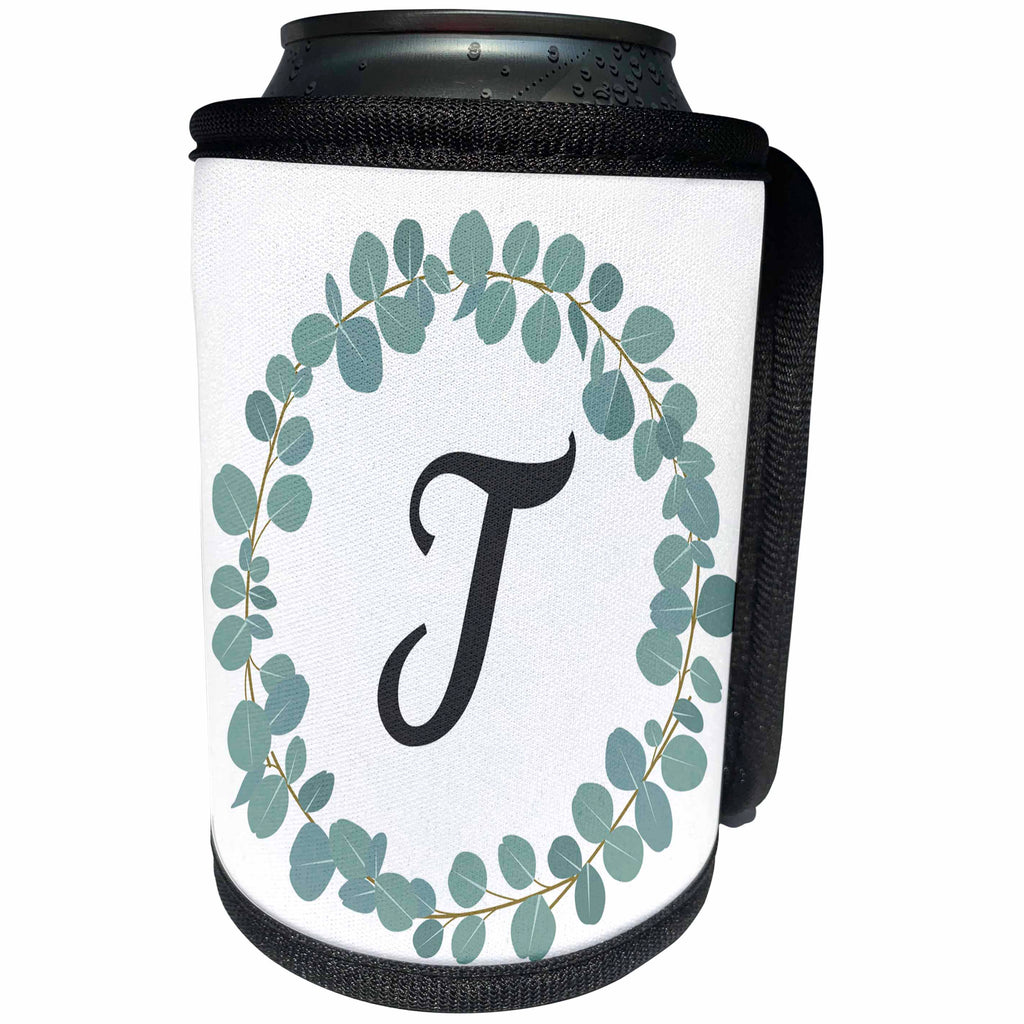3dRose Janna Salak Designs Monogram Collection - Letter T Monogram Eucalyptus Leaves Wreath Elegant Greenery - Can Cooler Bottle Wrap (cc_261602)