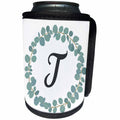 3dRose Janna Salak Designs Monogram Collection - Letter T Monogram Eucalyptus Leaves Wreath Elegant Greenery - Can Cooler Bottle Wrap (cc_261602)