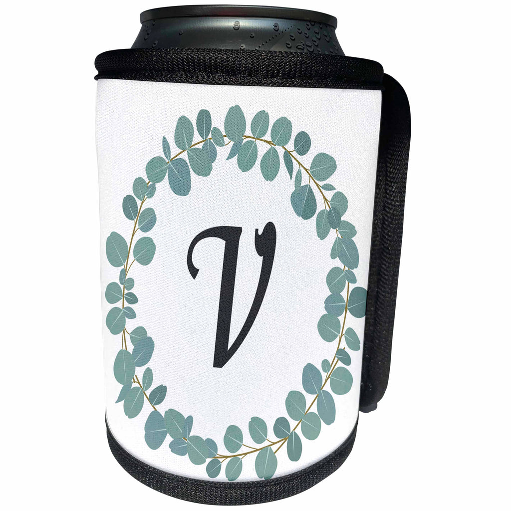 3dRose Janna Salak Designs Monogram Collection - Letter V Monogram Eucalyptus Leaves Wreath Elegant Greenery - Can Cooler Bottle Wrap (cc_261604)