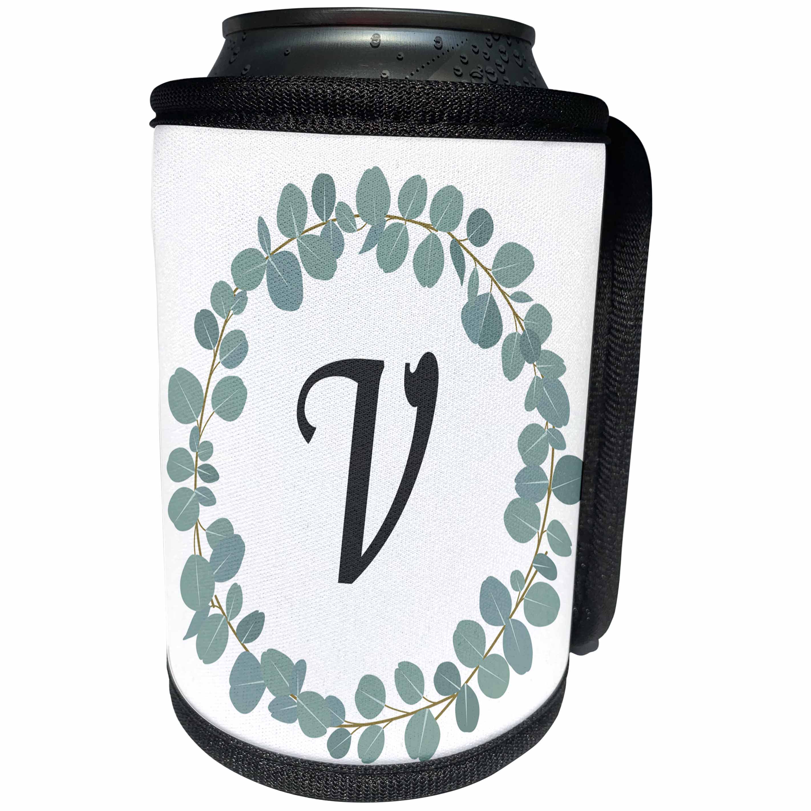 3dRose Janna Salak Designs Monogram Collection - Letter V Monogram Eucalyptus Leaves Wreath Elegant Greenery - Can Cooler Bottle Wrap (cc_261604)